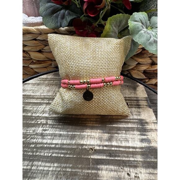 Kinsley Armelle Average Length Set Of 2 Coral Gold Stretch Bracelets Preowned - Picture 1 of 2